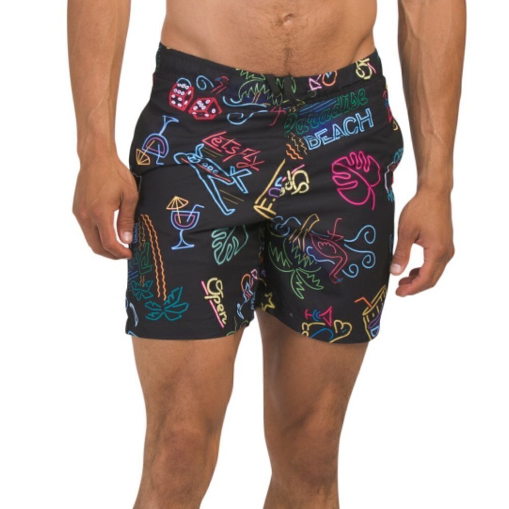 NWT SURF SOCIETY Neon Tiki Bar Printed Beach Pool Swim Shorts